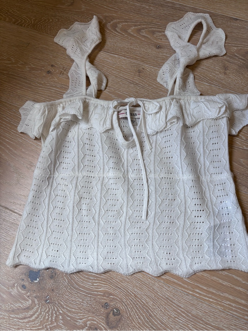 Guess Cream Eyelet Knit Ruffle Tie-Shoulder Camisole